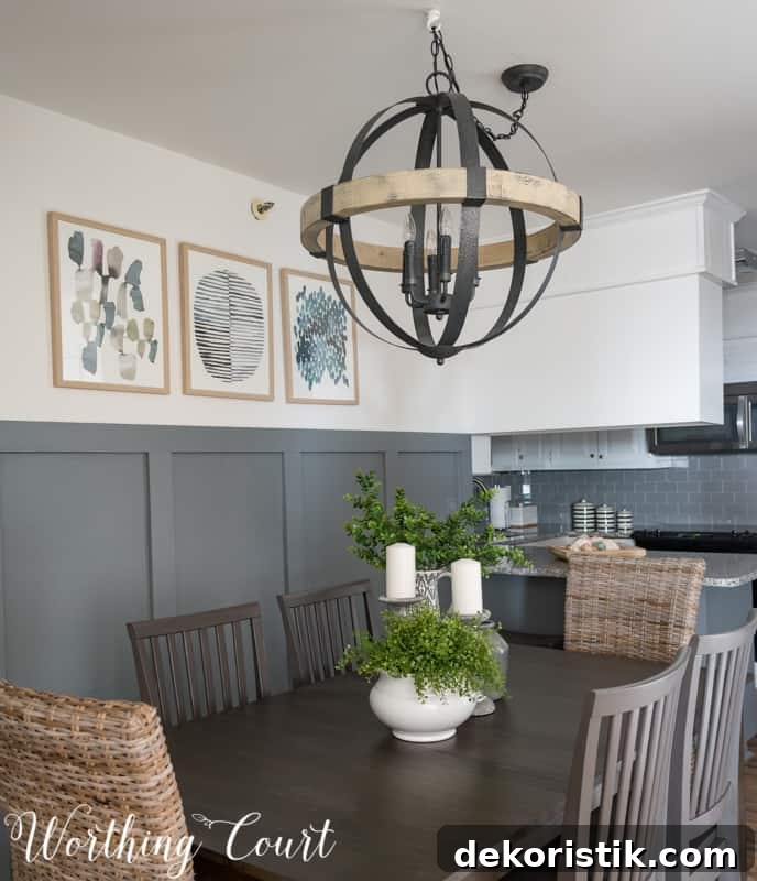 Statement chandelier in a small dining room, rustic industrial, modern farmhouse, orb chandelier