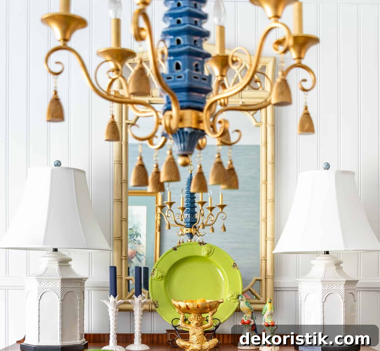 Spring Home Decor Ideas to Refresh Your Space 3 blue and gold pagoda style chandelier and a vignette on a dining room sideboard