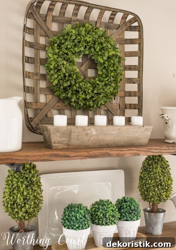 Open shelves with spring decorations in green and white.