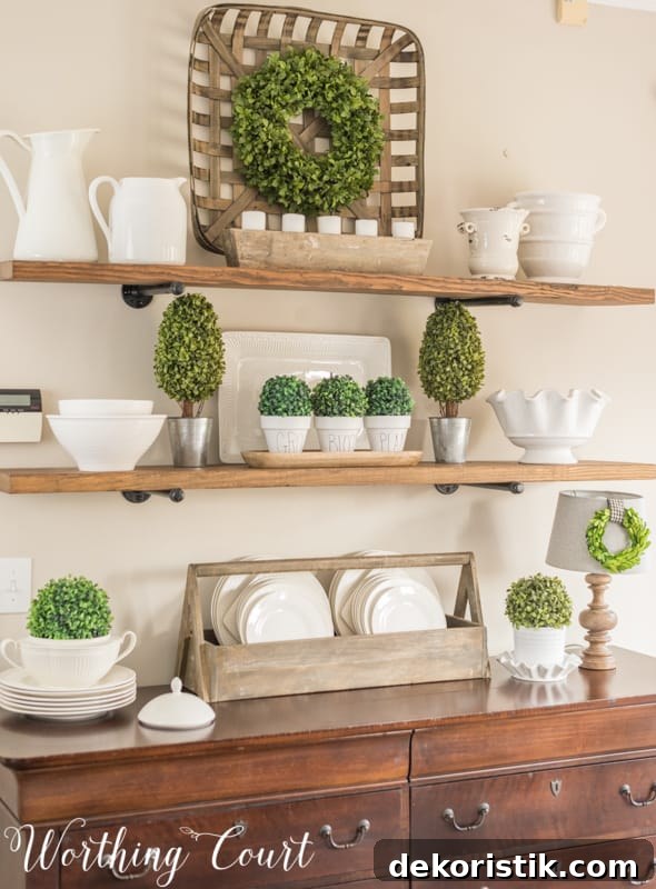 Open wooden shelves decorated for spring.