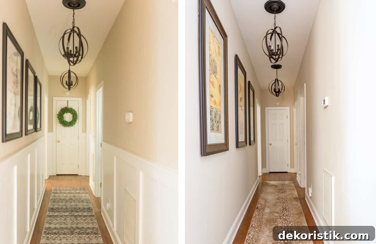 Narrow Hallway Decor Ideas to Maximize Space 9 side by side images of hallway before and after decorating refresh
