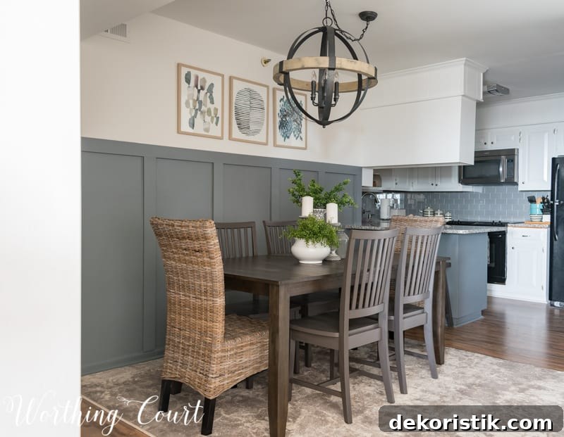 Small dining room makeover, modern farmhouse style, orb chandelier, rustic industrial, board and batten