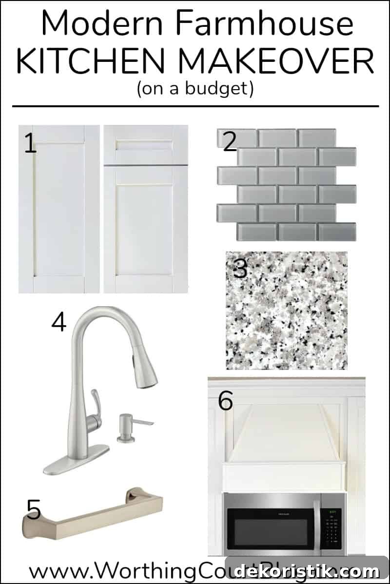 Modern Farmhouse budget makeover plan for a small kitchen #kitchen #makeover #kitchenideas #modernfarmhouse #whitecabinets #rangehood #glasstile #backsplash