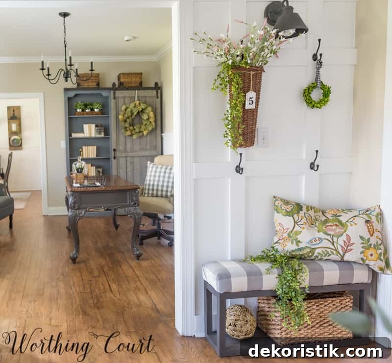 Entryway Makeover Reveal: DIY Ideas Using What You Have 10 There are throw pillows on the benches by the front door.