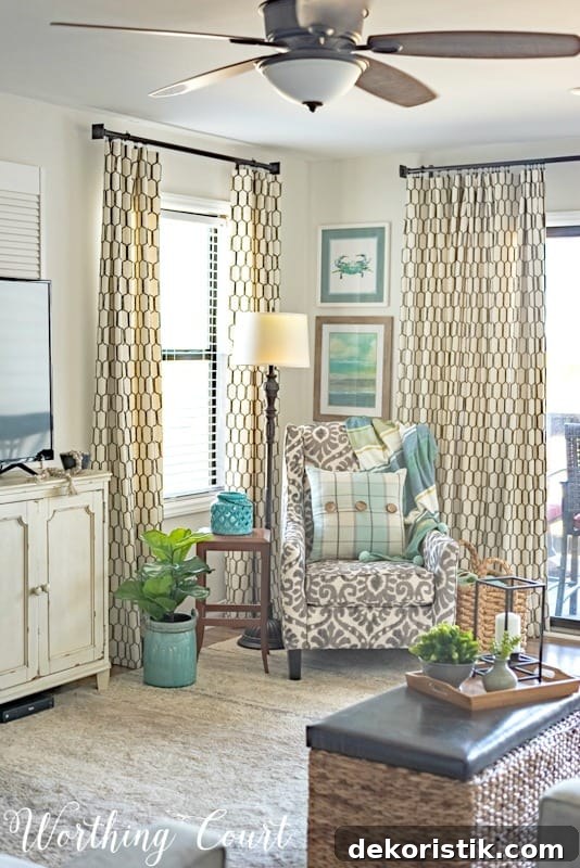 Living room with coastal draperies