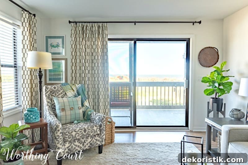 Coastal living room decor in blues and greens