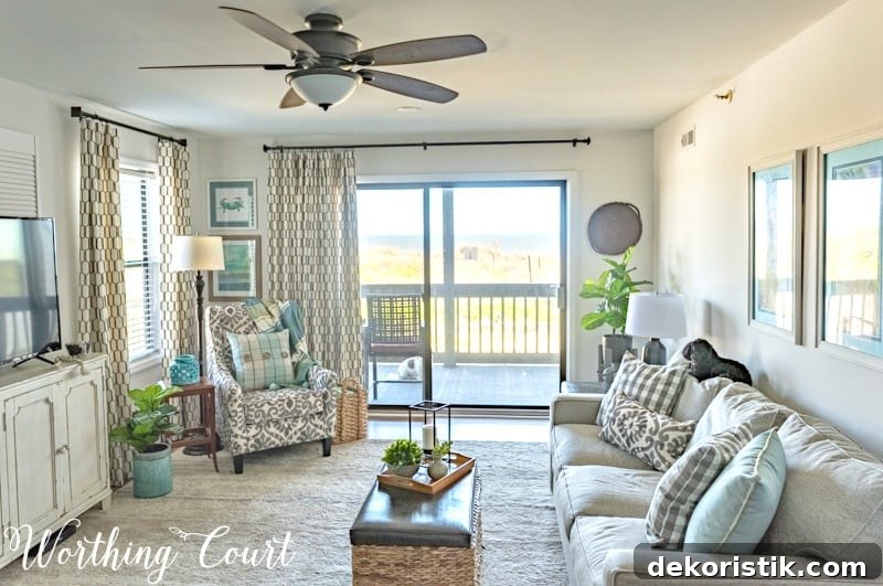 Living room after remodel with draperies