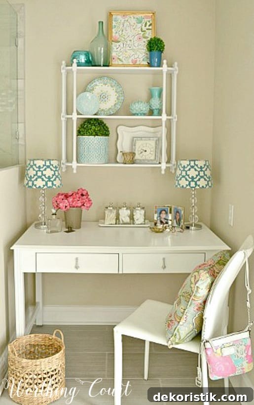 An old desk upcycled with paint and repurposed into a dressing table.