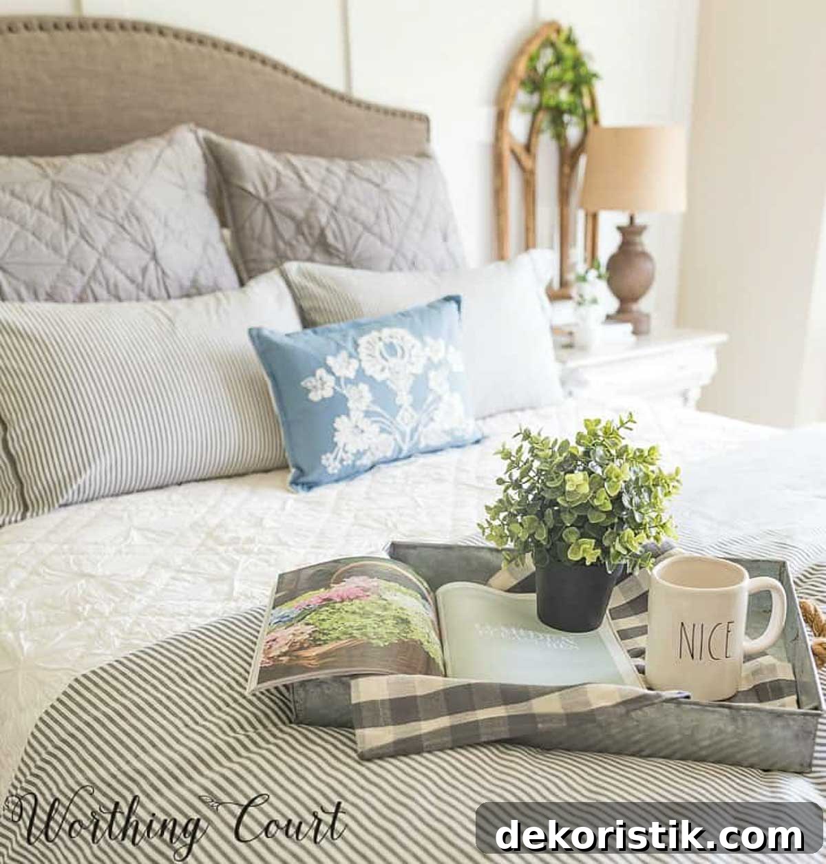 metal tray on a bed 