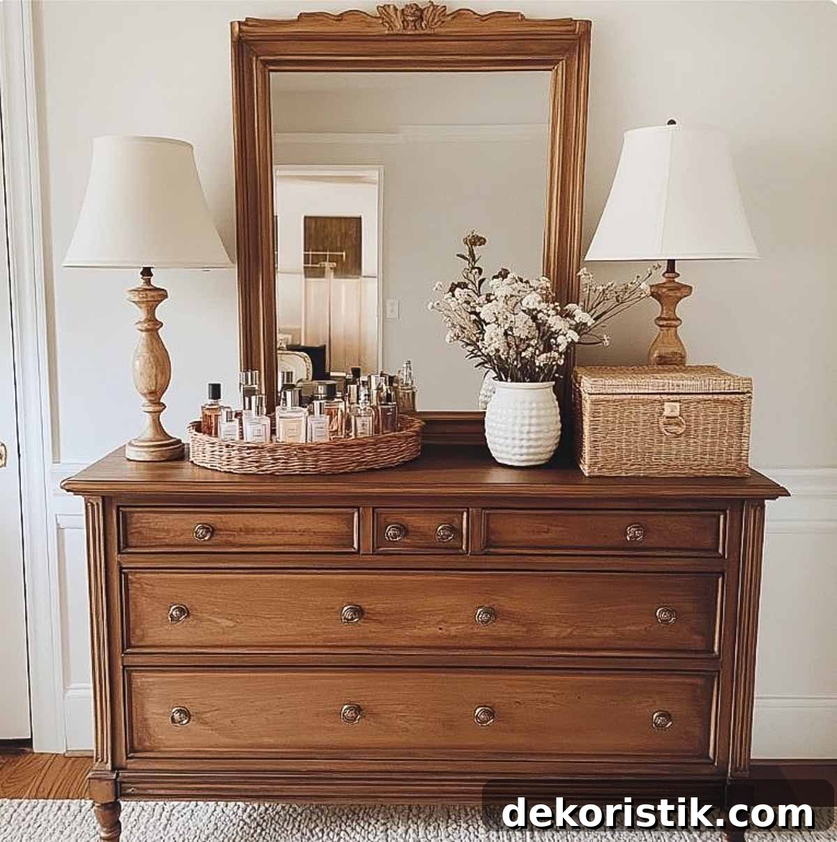 brown wood dresser with a mirror above it with a pair of matching lamps and a round tray holding a collection of perfumes