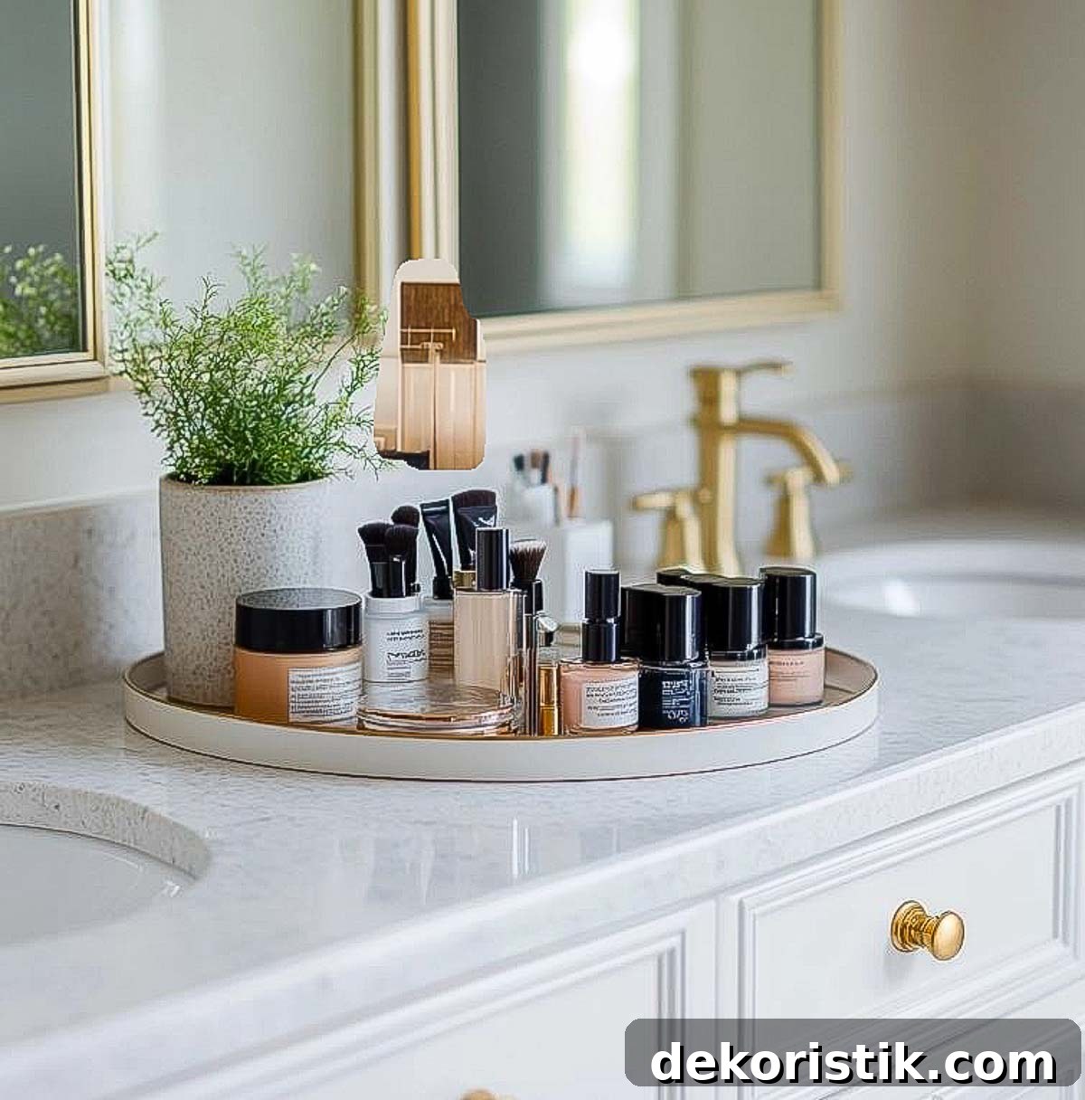 a round tray on a white bathroom vanity holding a variety of makeup and a small plant