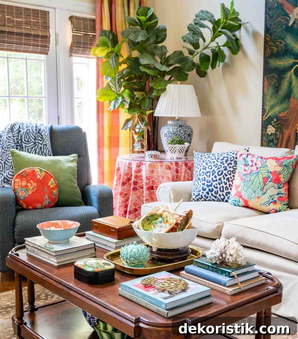 traditional style living room with colorful accessories, a blue armchair and a neutral sofa