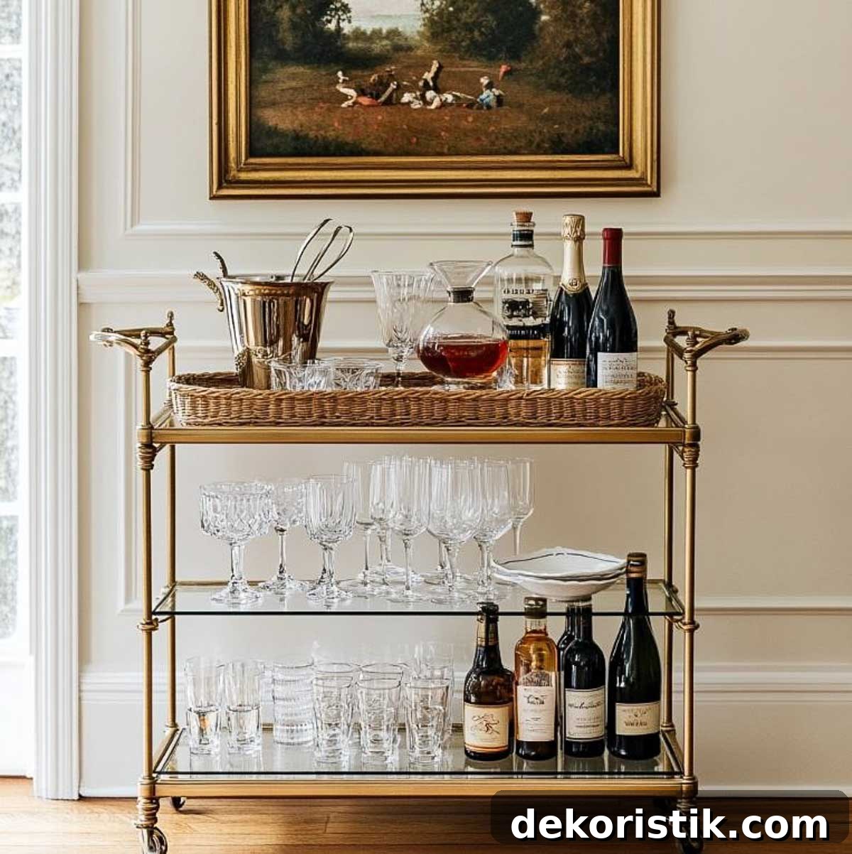 brass bar cart holding wine and bar cart accessories with glass shelves against a white wall