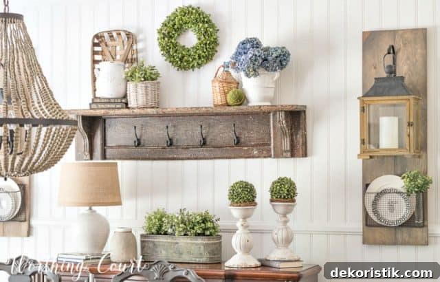 Farmhouse-Dining-Room-Makeover-with-planked-wall-diy-hanging-lanterns-vintage-shelf-with-white-accessories