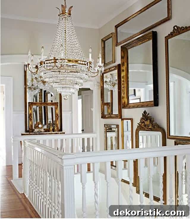 Foyer filled with vintage gold framed mirrors to make it look larger and brighter