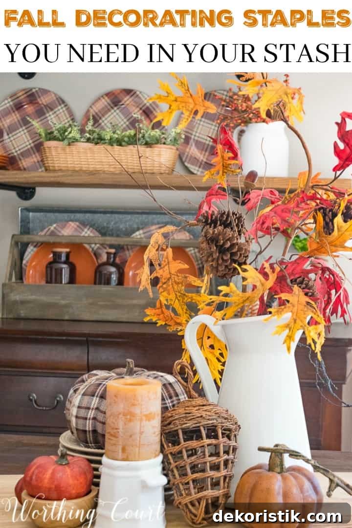 Fall centerpiece with traditional fall foliage poster.