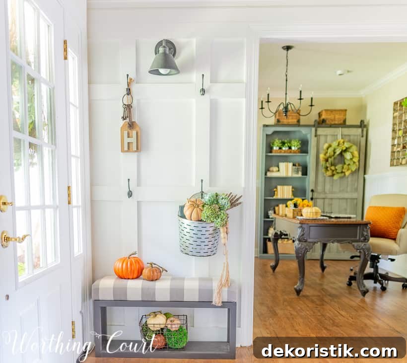 DIY board and batten wall with fall decorations.