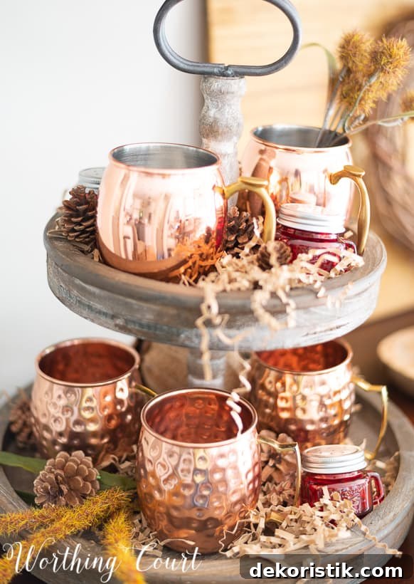 fall decor with a two tiered tray with copper Moscow mule mugs