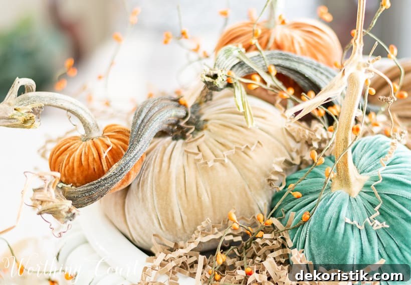 Up close picture of the fall centerpiece with velvet pumpkins.