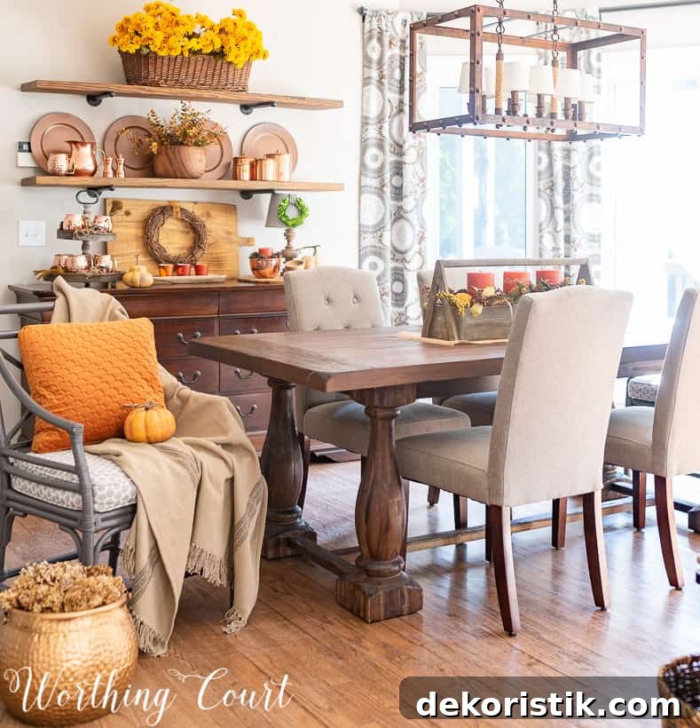open shelves with copper accents for fall