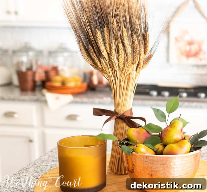 kitchen decorated for fall with copper accents