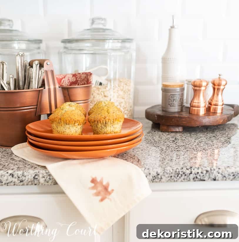 kitchen decorated for fall with copper accents