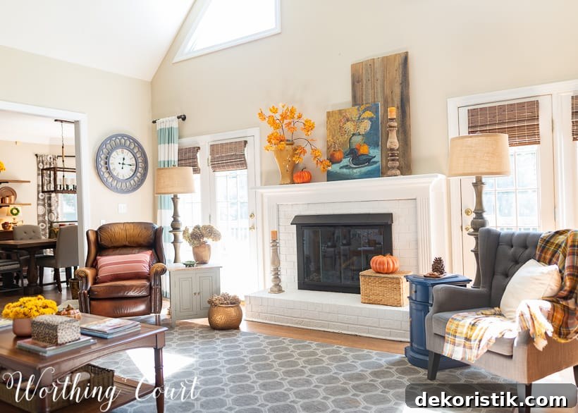 family room decorated for fall with traditional fall colors