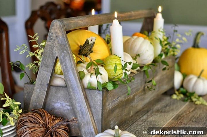 wooden toolbox filled with white and yellow pumpkins, real greenery sprigs and white candles