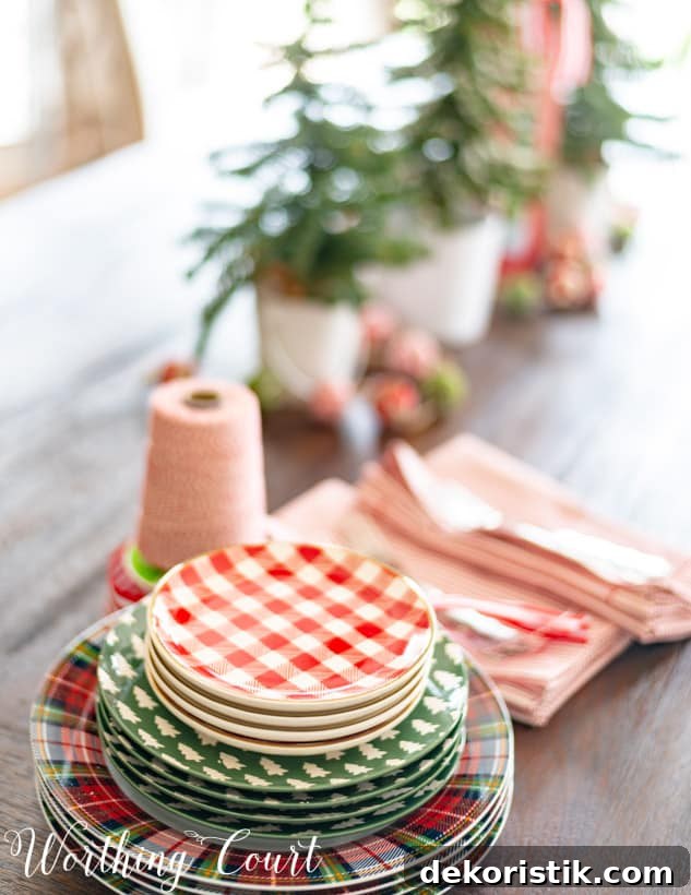 Christmas dinnerware in holiday patterns.