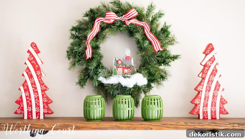 Christmas wreath decorated with red and white.