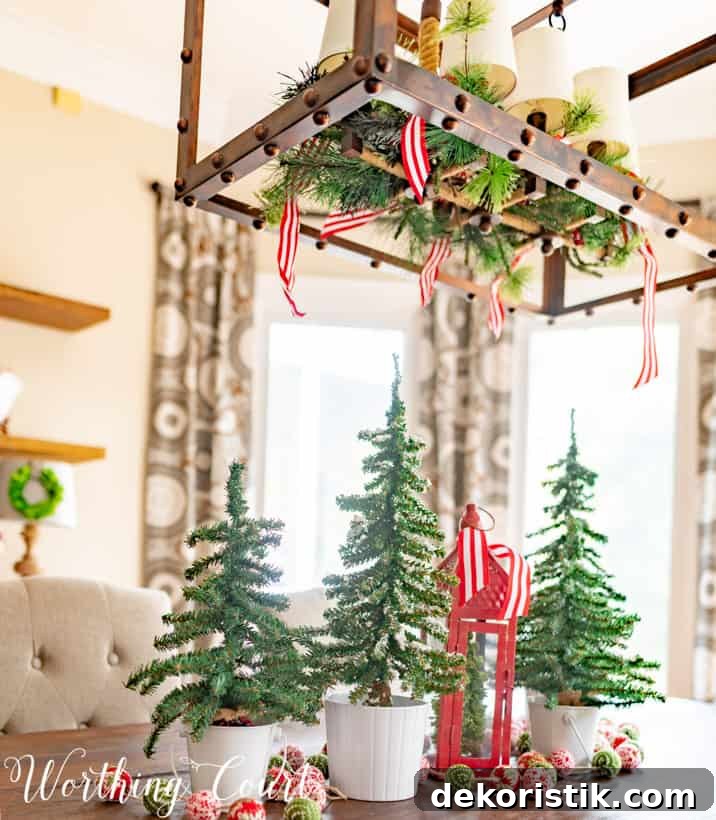 Christmas centerpiece of small Christmas trees.