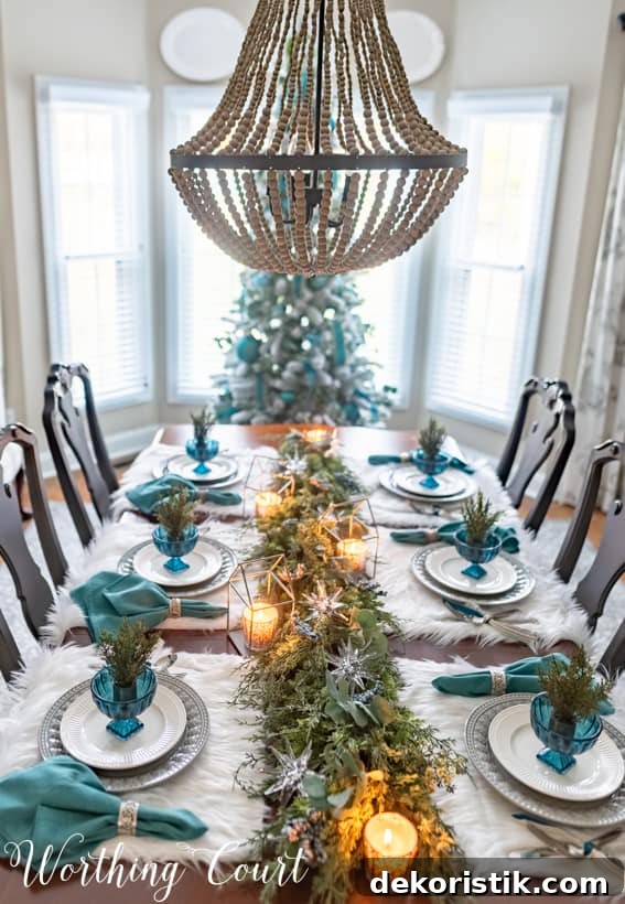 A beaded chandelier above the decorated tablescape with lit candles on the table.