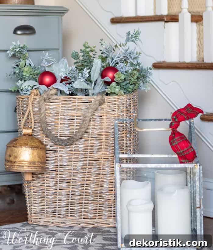Basket filled with artificial evergreens for Christmas.