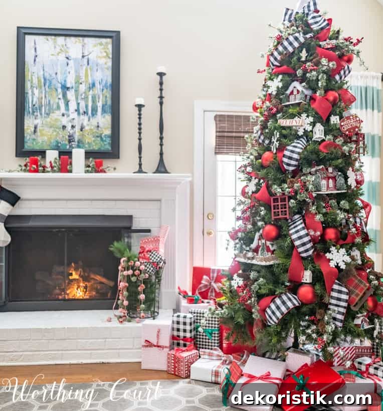 Christmas tree with red, white and black decorations.