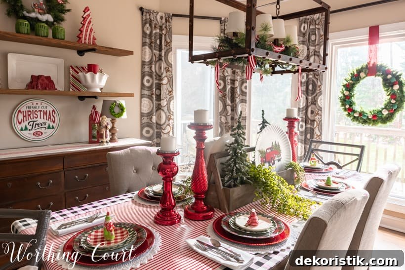 A red, white, and green tablescape in the dining room.