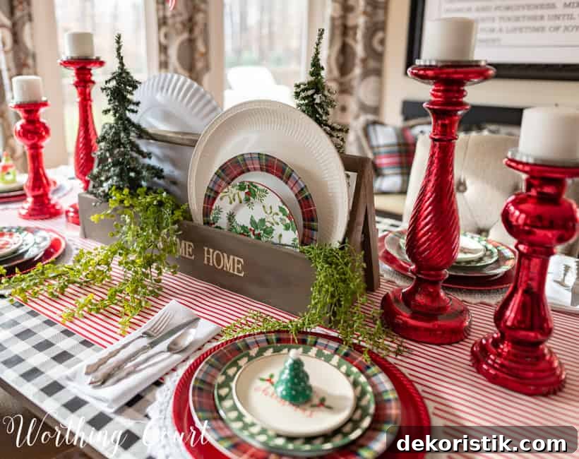 A wooden box filled with Christmas plates.