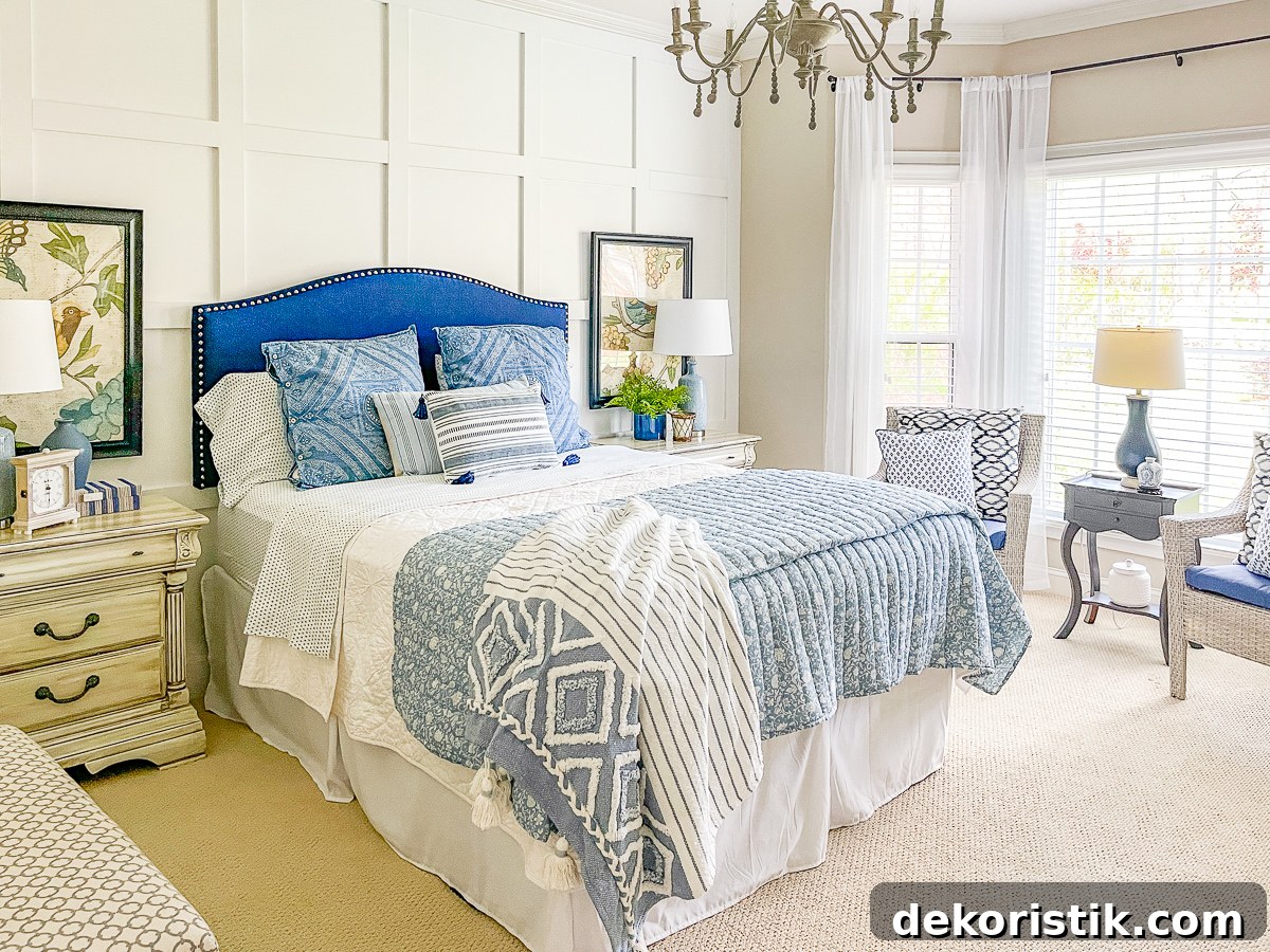 cottage style budget bedroom makeover with a navy blue upholstered headboard, board and batten feature wall, diy painted furniture and cottage style accessories