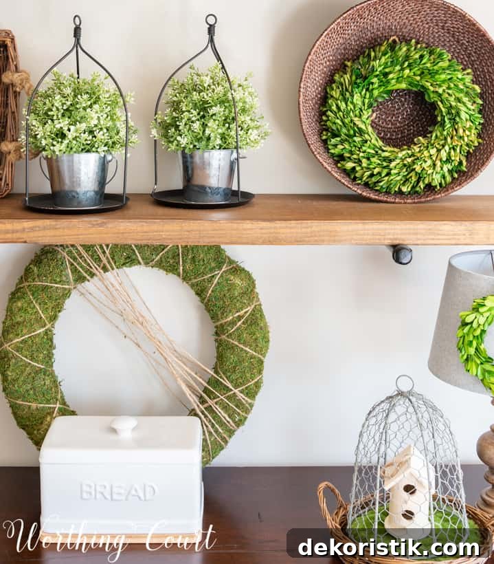 Shelves decorated for spring with organic elements