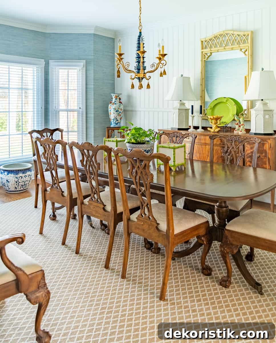 Refresh Your Home Decor: How to Break a Decorating Rut 7 chippendale style chairs around a double pedestal table in a dining room decorated in new trad style