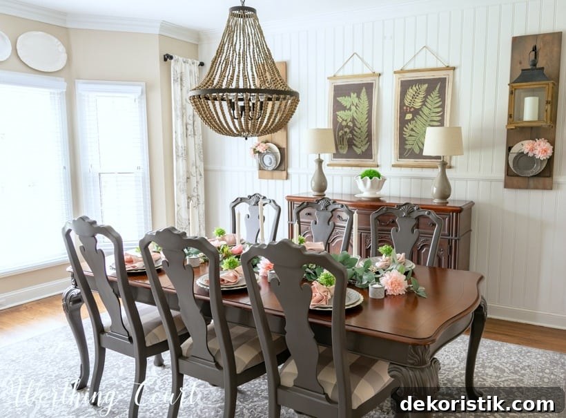 Dining room table with spring floral centerpiece.