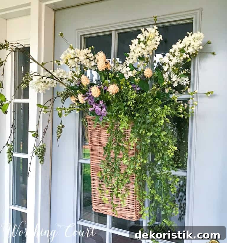 long hanging basket on front door filled with faux greenery stems