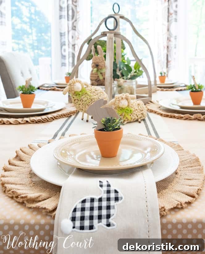 Easter place setting with a round burlap placemat and a bunny napkin.