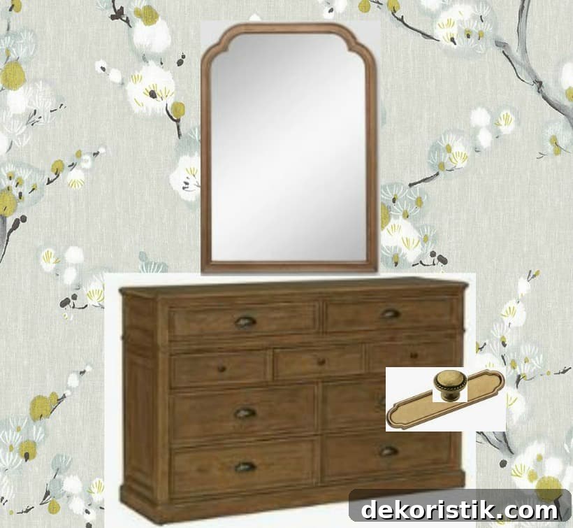 brown dresser and mirror with brass hardware