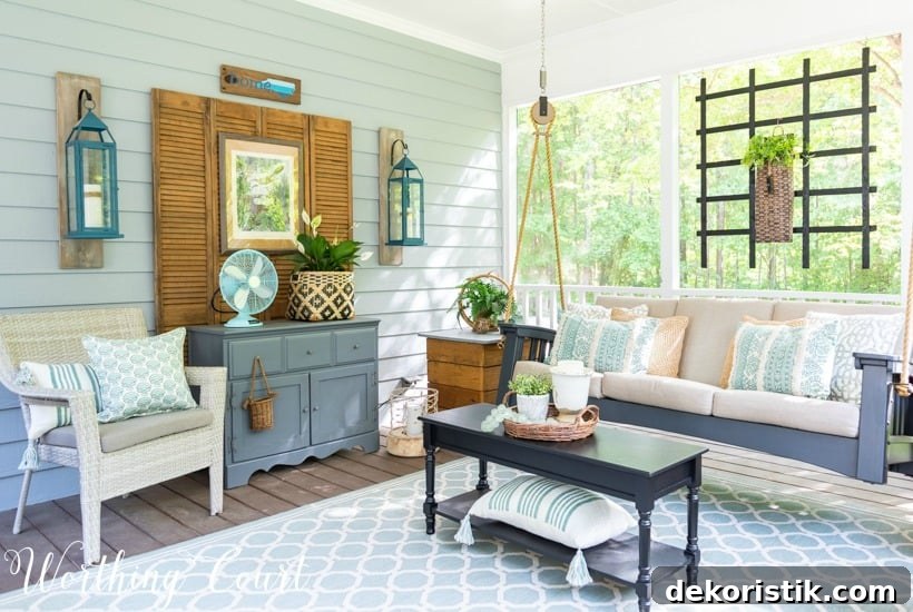 screened in porch decor with a porch swing