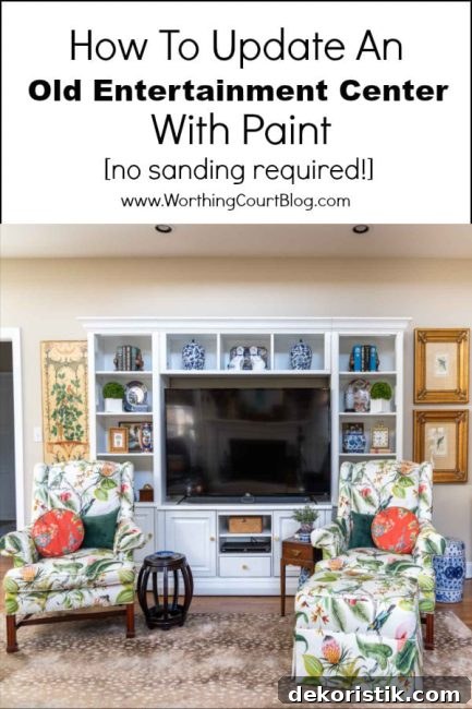 Pinterest graphic for how to give an old entertainment center an update
