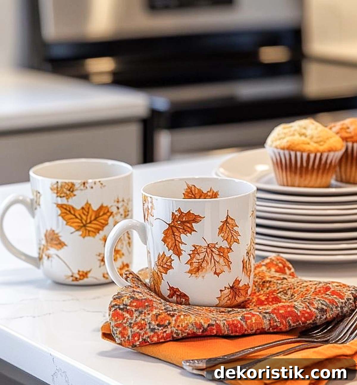 When to Decorate for Fall: Free Printable Timeline 3 two coffee mugs with fall leaves on them in vignette with fall colored linens on a kitchen counter