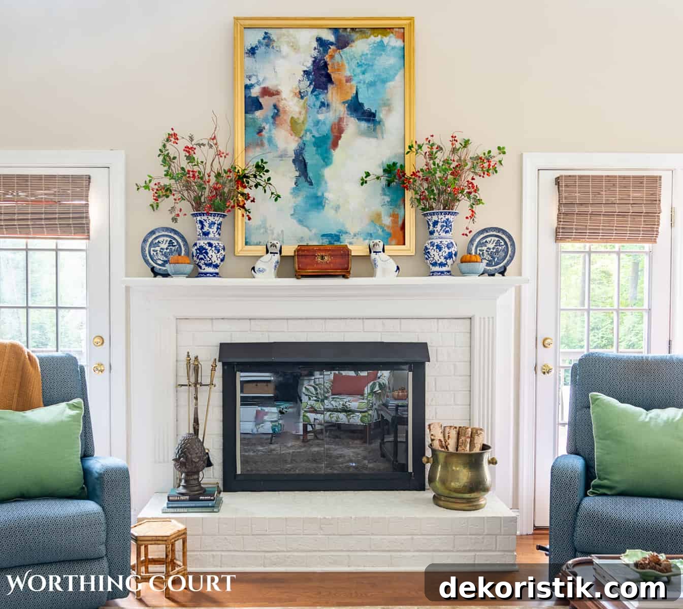 When to Decorate for Fall: Free Printable Timeline 7 white brick fireplace with blue and white accessories and diy fall decorations