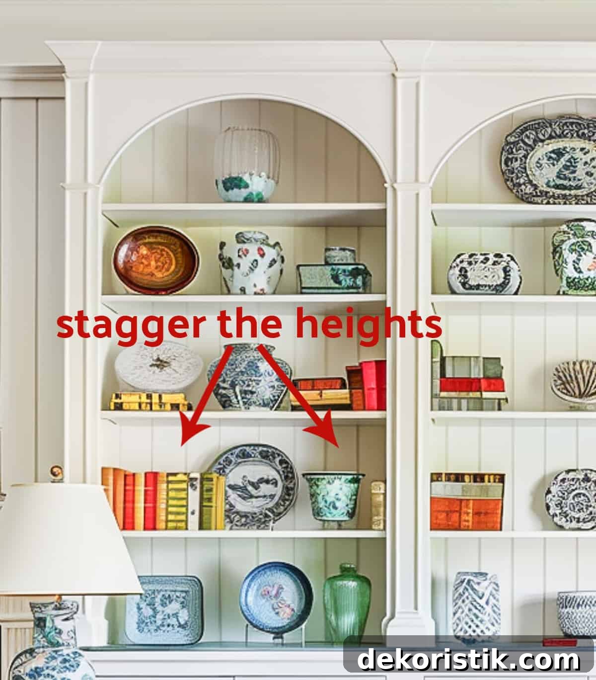 Shelf Decor Ideas: Creative Ways to Style Your Shelves 10 built-in white shelves in a living room decorated with colorful, traditional living room type accessories
