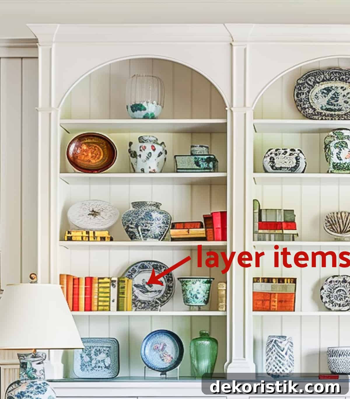 Shelf Decor Ideas: Creative Ways to Style Your Shelves 11 built-in white shelves in a living room decorated with colorful, traditional living room type accessories