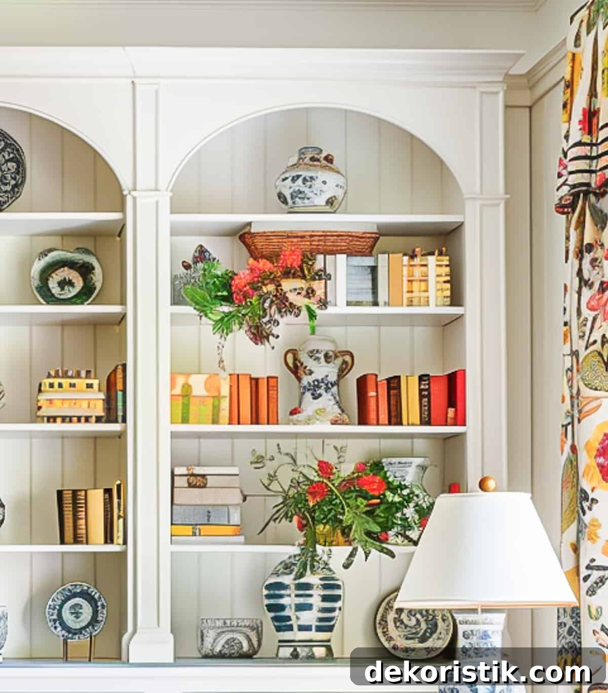 Shelf Decor Ideas: Creative Ways to Style Your Shelves 14 built-in white shelves in a living room decorated with colorful, traditional living room type accessories